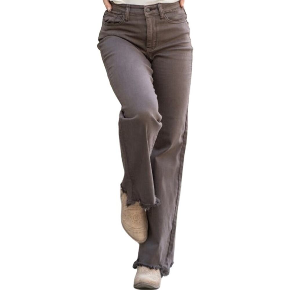 Judy Blue 90's High Rise Frayed Hem Straight Fit Jeans Stretch Denim Brown 11/30